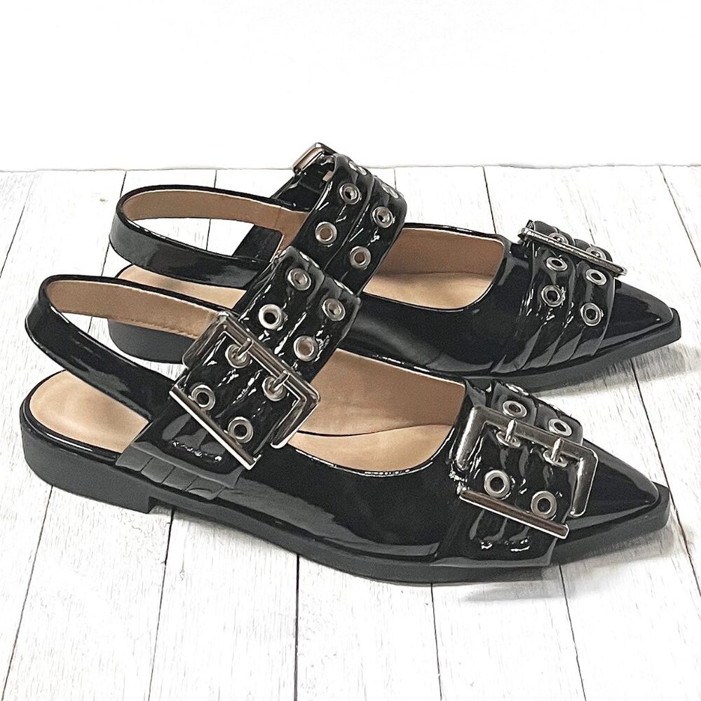 Black Flats with Buckle Straps and Pointed Toe